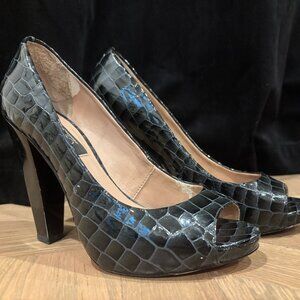 Lucho Navy Croc-Embossed Patent Heels